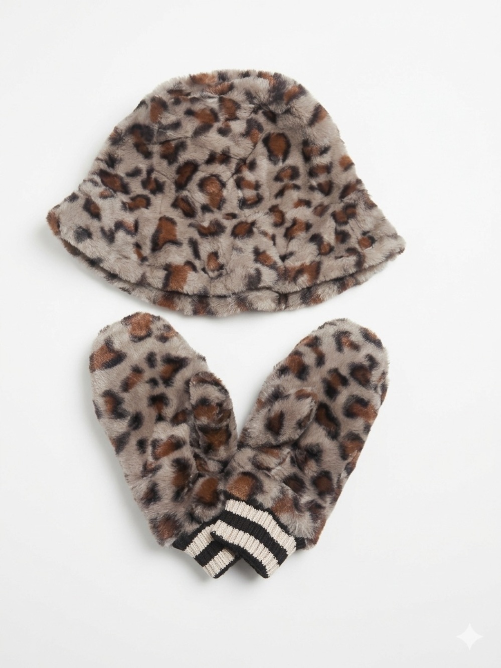 Leopard Print Faux Fur Matching Winter Set Bucket Hat Mittens 2pc Cozy
